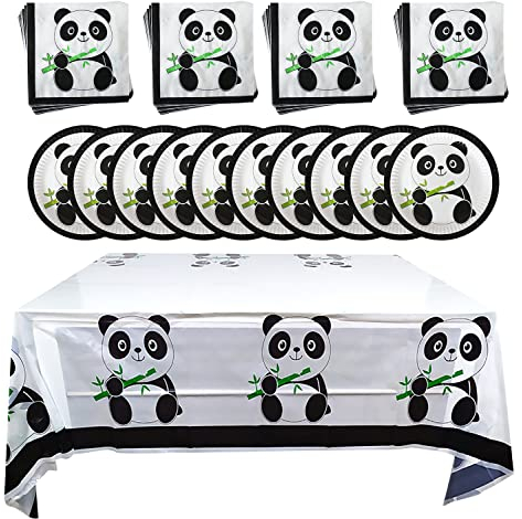 Qemsele Partygeschirr Kindergeburtstag Set für Kinder, 1 Tischdecke + 20 Hochwertige Pappteller und 20 Servietten Party Set Partydekoration für den Kindergeburstag Thema Karneval (Panda)