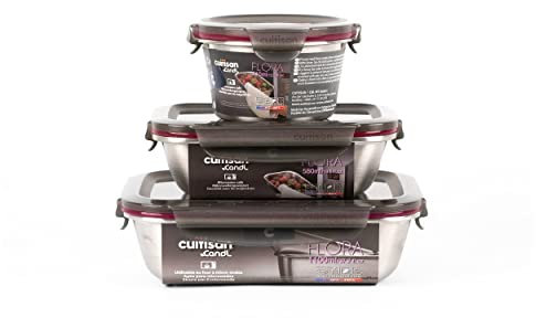 Cuitisan – Pack de 3 boites alimentaires en inox compatible au micro-ondes – 410, 580 et 1100ml