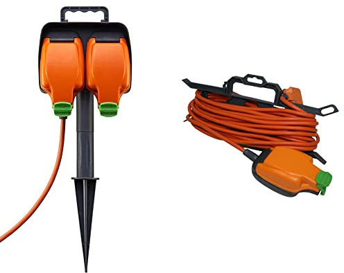 Masterplug IPGS15/2-MS Weatherproof Outdoor Inline Double Socket Garden Spike & CT1513P/IPS Weatherproof Outdoor Single Inline Socket Extension Lead with ‘H’ Frame Cable Tidy, 15 Metres, Orange