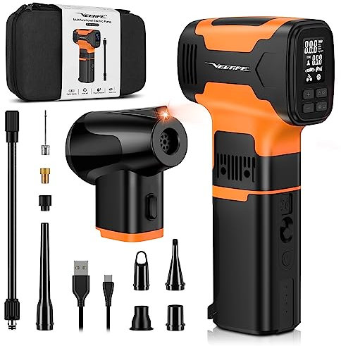 VEEAPE 3 in 1 Tire Inflator Portable Air Compressor, Air Pump, Air Duster, 2X Faster Inflation, 160PSI Cordless Pump with Gauge,7500mAh Battery,Power Bank,LCD Dual Screen for Car Bike Motorcycle Ball