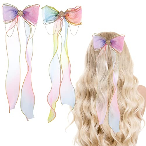 WLLHYF 2 Stück Haarschleifen für Mädchen Buntes Band Prinzessin Perle Quasten Stickereiband Mädchen Haarspangen Zubehör für Mädchen Kinder Frauen Prinzessin Hochzeit Geburtstagsfeier (Lila+Gelb)