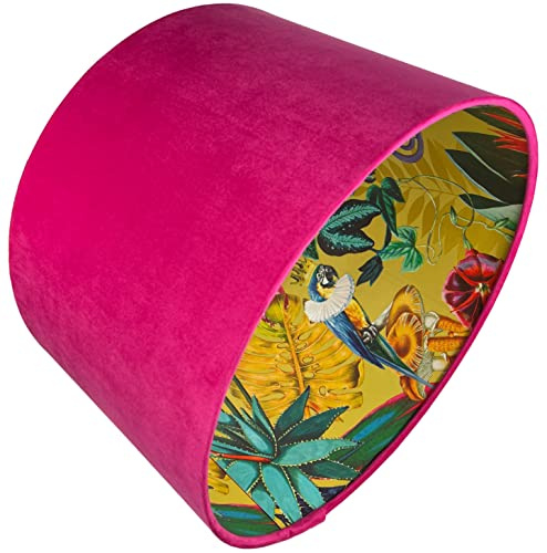 Hot Pink Velvet Tropical Jungle Animal Lampshade Ceiling Light Shade Parrot Bird Theme Green Leaf Print Table Lamp Bedroom Home Decor