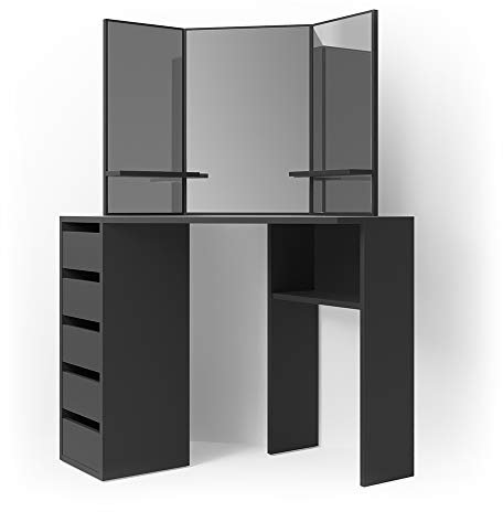 Vicco Frisiertisch für die Ecke Arielle, Kosmetiktisch mit Spiegel, Schwarz, 110 cm