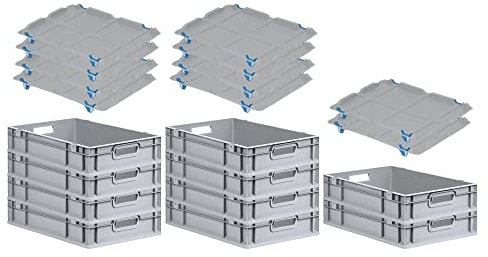 PROREGAL SparSet 10x Eurobox NextGen Grip mit Auflagedeckel & 4 blauen Schiebeschnappverschlüssen, HxBxT 12x40x60cm, 23 L, Grau, Griffe offen, Eurobehälter, Transportbox