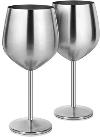 Livole Lot de 2 verres à cocktail en acier inoxydable - Verres à vin rouge avec pied - Incassables - 550 ml - Pour fêtes, pique-niques, camping, argent