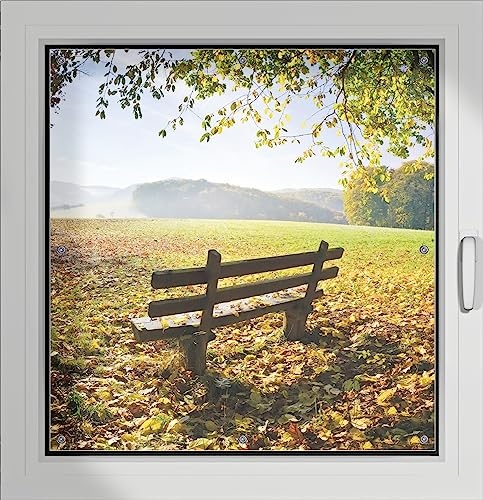 Wallario Lichtschutzbild, Dekorativer Sichtschutz Sonnenschutz 96 x 100 cm mit Motiv: Idyllische Holzbank in den Bergen - Verdunklungsrollo ohne Bohren