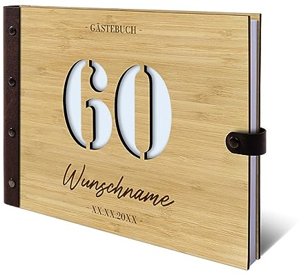 Individuelles Gästebuch zum 60. Geburtstag – Echtes Holz mit Persönlicher Gravur, Zahl ausgestanzt – hochwertige 72 Blatt / 144 Naturpapier Seiten, DIN A4 Quer – Ideal für bleibende Erinnerungen