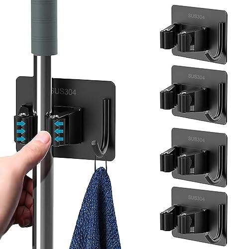 4PCS Besenhalterung Wand, Gerätehalter, Gartengerätehalter, Besenhalter Wand, Mop Halter Gerätehalter mit Haken für Wischmopp, Besen, Schaufel, Werkzeuge-Schwarz