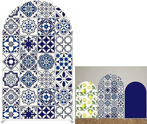 Arch Backdrop 7ft Height Covers Stretchy Spandex Fabric Set of Tiles Portuguese Style Background for Baby Shower Birthday Wedding Party Decoration GX-1526