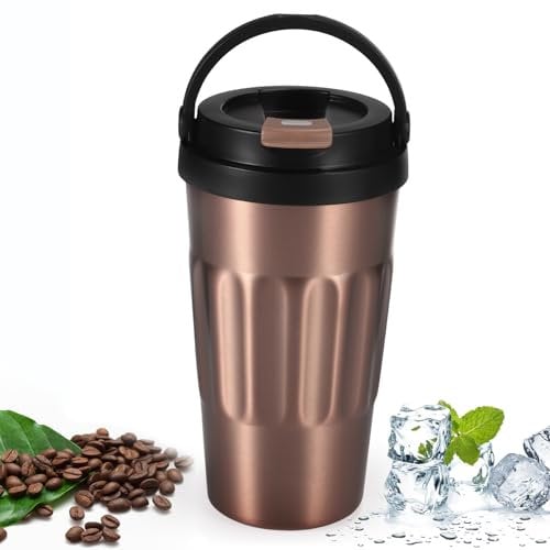 Travel Mug with Concealed Carry Handle, Leakproof Insulated Coffee Cup, Hot&Cold Drinks/Tea Metal Texture Vacuum Insulation Stainless Steel Bottle for Car, Outdoor, Office, School - 500ml (Gold)