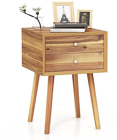COSTWAY Mesitas de Noche de 2 Cajones, Mesilla de Noche de Madera, Montaje Menos 10 Minutos, 40 x 40 x 59,5 cm, Mesa de Noche Dormitorio Sala (Natural)