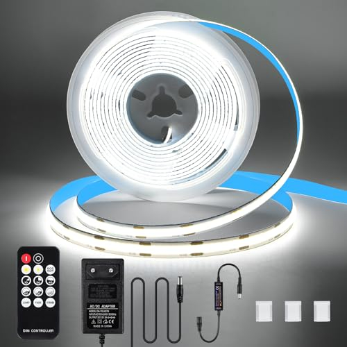 KWODE COB LED Streifen kaltesWeiß 3M, 12V 6000k Dimmbar COB LED Strip, Flexibel Lichtleiste mit Netzteil und Controller für Wohnzimmer Schlafzimmer Küche DIY Dekoration