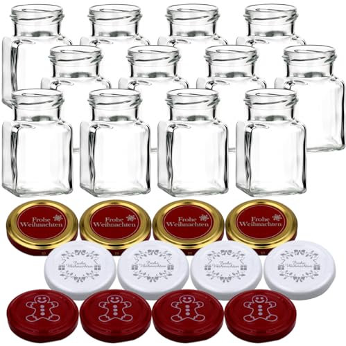 gouveo 12er Set Einmachgläser 150 ml mit Schraubverschluss Weihnachten Set 6 - Eckige Gläser mit farbigen Motiv-Deckel - Schraubglas für Weihnachten