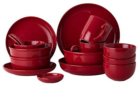 Ensembles de vaisselle fine, assiettes à dîner en céramique, ensemble de 24 pièces en porcelaine glaçure rouge brillante - bol/plat/cuillère Vaisselle de style nordique adaptée à la pendaiso
