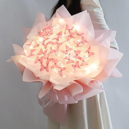 CHENRI DIY Butterfly Bouquet Gift Kit Set, 33 Kreativer Schmetterlingsstrauß, DIY Künstlicher Blumenstrauß mit Licht, Blumenstrauß Zubehör DIY Blumen Unvollendete Material Kit für Valentinstag (Rosa)
