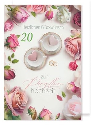 Porzellanhochzeit 20 Hochzeitstag Grußkarte Karte Foliendruck Rosen Tassen 16x11cm