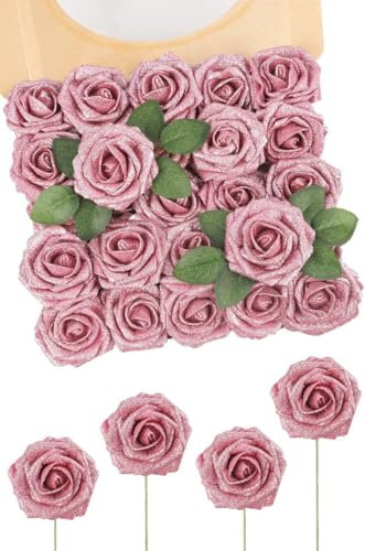 N&T NIETING Fiori artificiali glitterati, 25 pezzi di rose finte fai da te con gambo per bouquet di nozze, centrotavola, festa per bambini, doccia e decorazione per la casa (rosa)