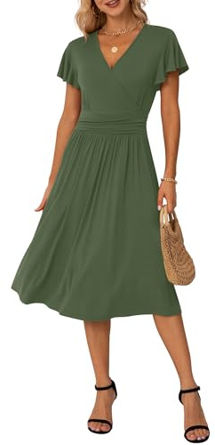 GRECERELLE - Robe d'été pour femme - Robe d'été décontractée à manches courtes et col en V - Robe bohème à volants pour la plage pour femmes, Vert kaki., XL