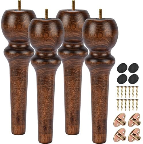 La Vane 10 inch / 26cm Wooden Furniture Legs, 4PCS Soild Wood Turned Spindle Glaze Replacement Spool Feet with Pre-Drilled M8 Inch Bolt & Mounting Plate for Couch Sofa Armchair Dresser Chest