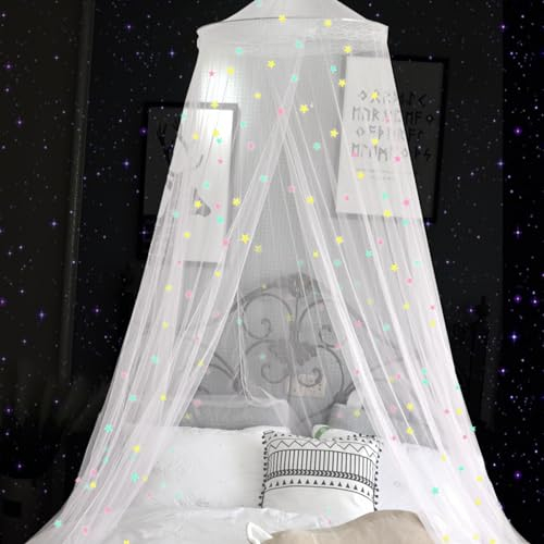 JINGTOPS Moskitonetz Bett,Himmelbett Vorhänge,250x1150cm,Betthimmel Doppelbett,Großes Moskitonetz Reise,Insektenschutz Bett Mit Fluoreszierenden Sternen für Schlafzimmer Deko Kinderzimmer, Faltbare