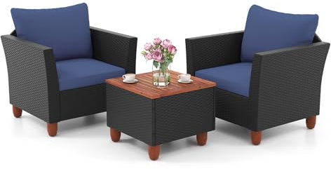 SFAREST 3 Pieces Rattan Bistro Set, Garden Furniture Set with Acacia Wood Storage Table & 4 Removable Cushions, Outdoor Wicker Conversation Table Chairs Set for Patio Poolside Balcony (Navy)