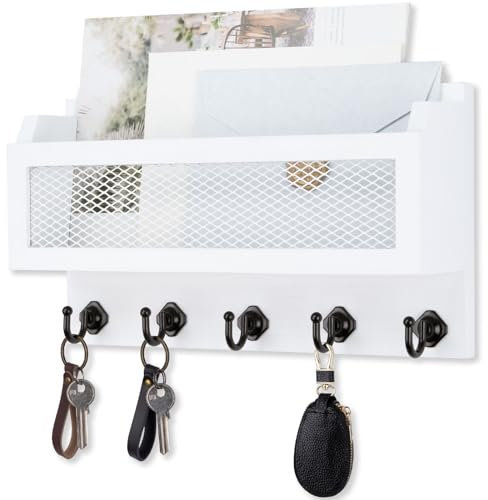 Nekon Mail and Key Holder for Wall Decorative, 11 Inch Wooden Wall Key Organizer with 5 Key Hooks, Wall Mount Storage Shelf for Entryway Hallway (White)