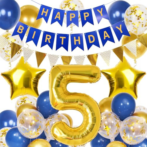 5 Geburtstag Dekorationen für Jungen - Navy Blau Gold Luftballons Happy Birthday Banner 40 Zoll Nummer 5 Folienballons mit Wimpelkette für Mädchen Jungen