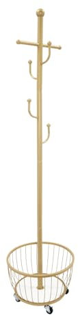 JUDEMII Garderobenständer Gold praktischer Garderobenständer mit 6 Haken Garderobe Kohlenstoffstahl Kleiderbaum freistehend Höhe 168 cm Kleiderständer mobil mit 4 Räder für Mäntel Hüte Taschen