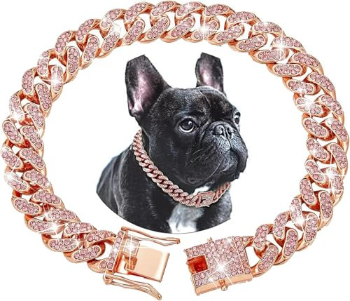 haoyueer Dog Collar with Bling, Glitter Rhinestone Sparkly Diamond Metal Necklace Cuban Link Cat Collars for Small Medium Large Pet Dogs Puppy (Rose Gold, 18 Inches)