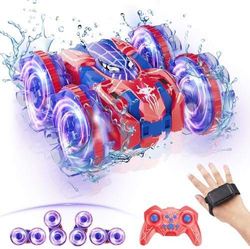 fygurso 4WD Waterproof Remote Control Car，Amphibious 2.4 GHz RC Cars Remote Control Boat，360°Rotation RC Stunt Car with LED Lights，Boys Girls Gifts All Terrain Water Beach Pool Toy (LY-016)