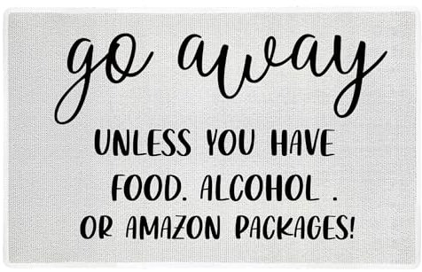 LUVADIAN White Funny Welcome Mats for Front Door - Go Away Welcome Mat, Funny Door Mats Outdoor Entrance, Front Porch Door Mats, Go Away Unless You Have Food or Amazon Packages, 17x30 Inch