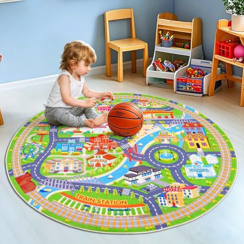 GthreeD Kids Carpet Playmat Rug City Life Round 120 cm | Play Learn and Have Fun Safely - Kids Baby Children Educational Road Traffic Play Mat for Bedroom PlayRoom Game Safe Area
