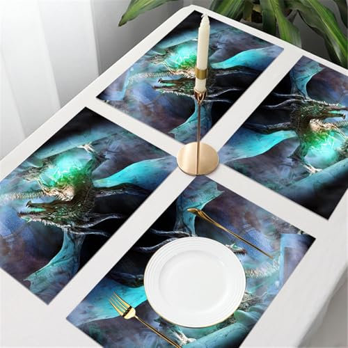 UREJD Tischsets Abwaschbar 4 Set,Vinyl Platzsets Abwaschbar für küche Speisetisch Hotel,Kaffeehaus,Festsaal,Platz-Matten,EIN gruseliger Homunkulus-Drache mit geschmolzener Haut und einem Dutz,30x45cm
