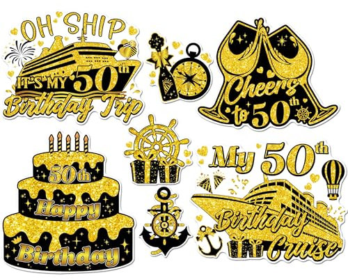 Birthday Cruise Door Magnets Decorations, 7Pcs 50th Birthday Glod & Black Themed Cruise Magnets, Magnetic Door Signs for Ship Cabin Decor