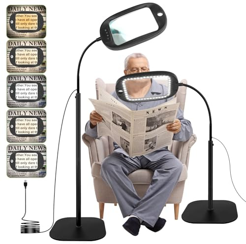 10X Magnifying Glass with Light & Floor-standing（No charger）, 45 LEDs Desk Lamp, 5 Colour Temperatures, 4 Levels Brightness, Perfect for Diamond Art, Accessories, Hobbies, Crafts, Reading, Close Work