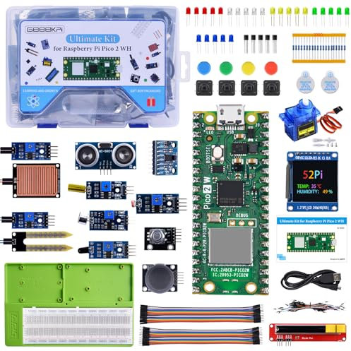 GeeekPi Ultimate Starter Kit for Pico 2W (incluido), Dual Arm Cortex-M33 and Dual Hazard3 RISC-V Microcontroller, with Detailed Tutorial, Multiple Items and Projects, Python C Java Code