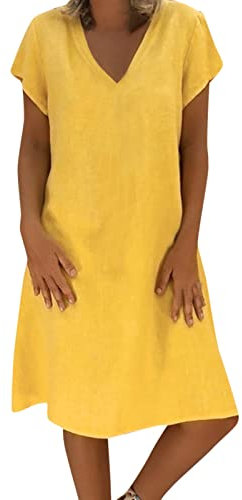 Générique Robe Femmes Été Large Coton Lin Uni Manches Courtes Confort Robe de Plage Sexy Ample Tunique Robes Longueur Genou Rétro Maxi Lâche Couleur Unie Bohème Ete Mi-Longue Dress Pas Cher