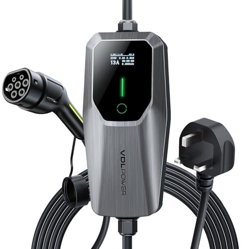 VDLPOWEREU EV Charger 3kw, 6A/8A/10A/13A Variable, 3Pin Home Electric Car Charger Cable Type 2, 5 Metres Single-phase Charger with LED Display, IP65 Waterproof