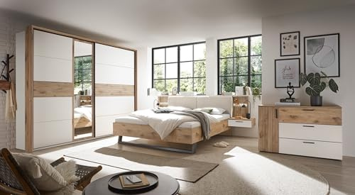 möbelando Schlafzimmer-Set >Daria< 4-teilig, Schrank 270,1x225,5x59,6cm, Passepartout 279x229,4x23cm, Bett inkl. 2 Nachtkommoden 297,6x98,8x222,4cm, Kommode 125x82,6x40cm, Viking Oak Dekor/weiß