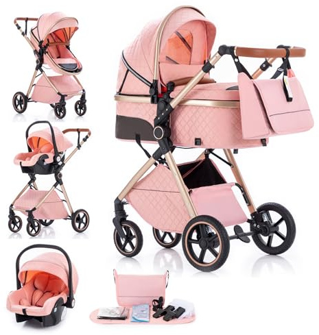 Gcarebb 3 in 1 Kinderwagen Reisesystem, Buggy mit höhenverstellbarem Griff, Reisewagen mit Regenschutz, Baby-Kinderwagen mit Aluminiumrahmen für Neugeborene