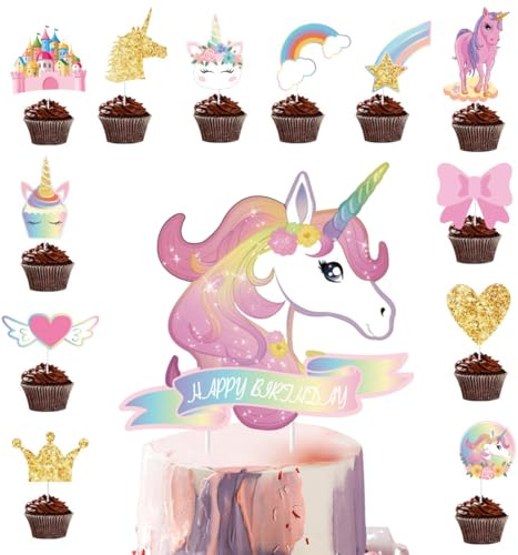 LAKPYN 37 Stück Einhorn Cupcake Topper Geburtstag des Jungen Cupcake Topper Dekoration der Party Deko Kuchen Dekoration