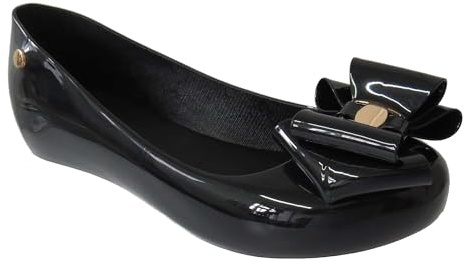 Ladies Flat Womens Bow Patent PEEP Toe TOP Jelly Bow Slip ON Shoes Ballerina Pump Size Black/Gold UK 5