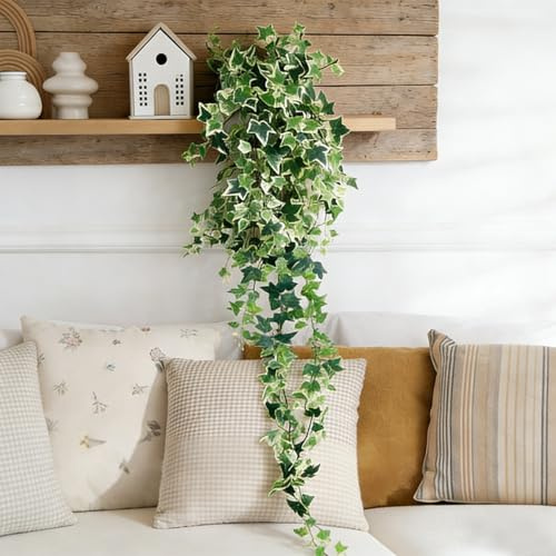 ASOUUNLD Künstliche Hängepflanze Efeu 130 cm mit 18 Ranken Weißgrün | Stoff Kunstpflanze für Balkon, Regal, Wand, Wohnzimmer, Hochzeit und Büro, pflegeleicht und naturgetreue Blätter