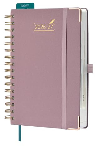 BEZEND Kalender 2026 2027 Tageskalender 1 Tag 1 Seite A5 (21,5 x 15,5 cm) | 12-Monate Terminplaner Aug 26 - Jul 27, 30-Min-Taktung 7-21 Uhr, Spiralbindung mit PU-Leder Hardcover, Rosa