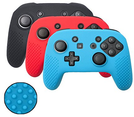 Uushop morbido silicone borchie particelle più spessa di copertura per interruttore Nintendo Pro controller set in attesa antiscivolo 3 pezzi (nero, rosso, blu)