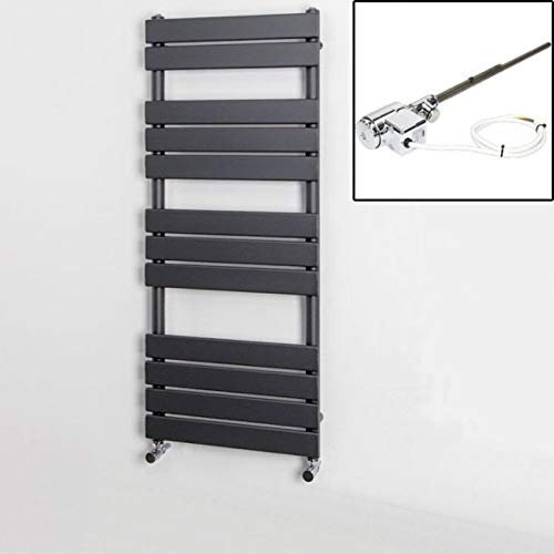 DuraTherm® 1200 x 500mm Flat Panel Heated Towel Rail Radiator Dual Fuel Bathroom Warmer Wall Mounted Ladder Rad Anthracite Thermostatic, 300W
