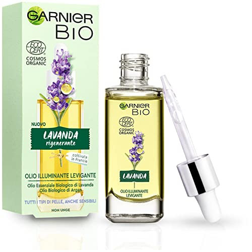 Garnier Bio, Olio viso illuminante levigante, Olio essenziale di lavanda bio e olio d'argan bio, Adatto a tutti i tipi di pelle, anche quelle sensibili, 30 ml