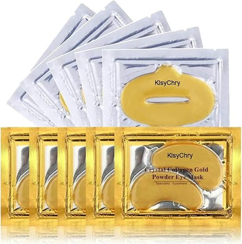 24K Gold Bio-Kollagen-Kristall-Lippen- und Augenmasken - 5 Paar Gold-Augenmaske & 5 Stück Collagen-Lippenmaske, Anti-Aging-Augen- und Lippenmaske
