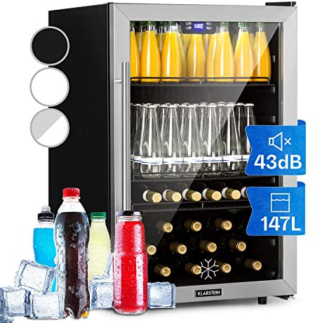 Klarstein Beersafe XL Getränkekühlschrank, Flaschenkühlschrank mit Metalleinlegeböden, Bierkühlschrank Glastür, freistehend, Bodenrollen, Edelstahlfront, 147 Liter