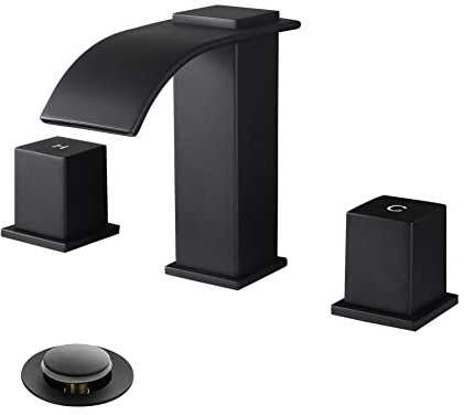 Brass Square Base Single Handle Bathroom Sink Faucets with Deck Plate for 3 to 1 Hole, Matte Black
